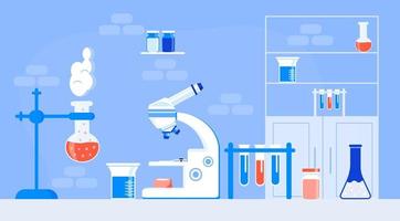 chemisch laboratorium met bureau, buizen, microscoop. wetenschappers werkplek concept vector. onderwijs in de chemie, microbiologie experiment, onderzoekslaboratorium vectorillustratie vector