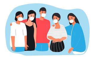 mensen dragen een chirurgisch masker. vijf vrienden steunen elkaar en vragen om een medisch masker om het virus te voorkomen vector