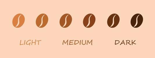koffiebraadniveau - licht, medium, donker icoon. vectorillustratie. koffiebonen geïsoleerd op beige achtergrond. vector