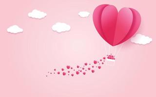 illustratie van liefde en valentijnsdag, maakte hete luchtballon vliegen met hart drijven op de sky.paper kunst en digitale ambachtelijke stijl. vector
