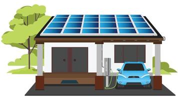 elektrische sportwagen parkeren opladen thuis wallbox oplaadstation. energieopslag met fotovoltaïsche zonnepanelen op het dak van het gebouw. met natuur groene bomen op geïsoleerde witte achtergrond.