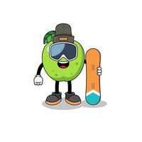 mascotte cartoon van groene appel snowboard speler vector