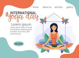 internationale yoga dag website pagina. jonge vrouw zitten in lotus yoga. vectorillustratie. vector