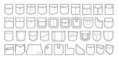 zak patch set. zakken voor fashion design shirt, jurk, denim, ronde, ovale, rechthoekige vormen. vectorafbeeldingen in schetsoverzicht. icoon. vector