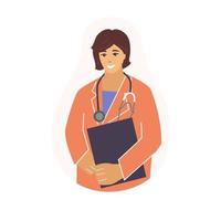 een vrouwelijke arts met een stethoscoop en een map. vectorillustratie in een vlakke stijl. vector