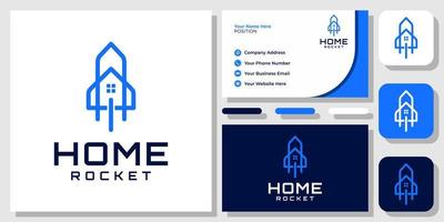 raket huis huis lancering ruimteschip gebouw lucht vlieg omhoog blauw logo-ontwerp met sjabloon voor visitekaartjes vector