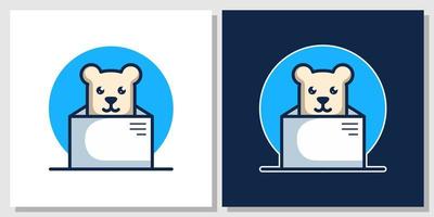 schattige beer doos cartoon dier mascotte cadeau leuk teddy verjaardag logo ontwerp met sjabloon voor visitekaartjes vector