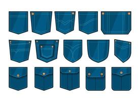 opgestikte zak. set van blauwe denim vector iconen. uniforme casual stijl jeans zakken patches. Jean shirt kleren geïsoleerde pictogram.