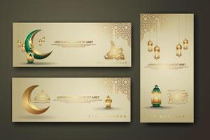 eid al fitr kalligrafie islamitisch, set sjabloon voor spandoek met wassende maan, traditionele lantaarn en moskee patroon textuur islamitische achtergrond vector