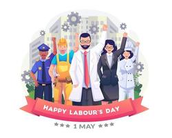 arbeiders mensen in verschillende beroepen vieren de dag van de arbeid door samen hun handen op te steken. fijne dag van de arbeid 1 mei. vlakke stijl vectorillustratie