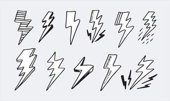 set hand getrokken doodle elektrische bliksemschicht symbool schets vectorillustraties. donder symbool doodle pictogram. vector