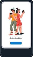 online boeking mobiele applicatie-ontwerp voor toeristische website. hotel en tickets internetreservering, reisbureauconcept met stripfiguren van mensen. platte vectorillustratie. vector