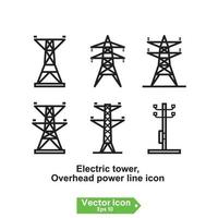 rooster toren en bovengrondse hoogspanningslijn geïsoleerd dunne lijn icoon. vector tweefasige transmissie torens hoogspanningslijnen schetsen teken. hoogspanningsmaststructuur, stalen roostertoren om hoogspanningslijn te ondersteunen;