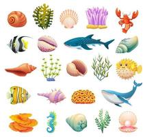 set van zeeleven onderwater pictogrammen cartoon illustraties vector