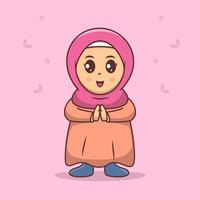 schattig meisje viert ramadan mubarak, eid mubarak cartoon vectorillustratie vector