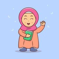 schattig meisje hijab met koran vectorillustratie, moslim meisje met hijab cartoon premium vector