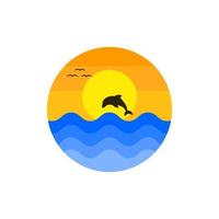 abstracte vintage zon, zee en springende dolfijn logo. platte vector logo ontwerp.