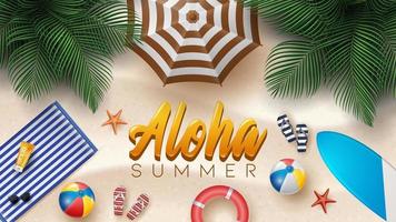 vector zomervakantie illustratie met strandbal, palmbladeren, surfplank en typografie brief op strand zand achtergrond.
