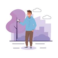 Man in park met smartphone vector