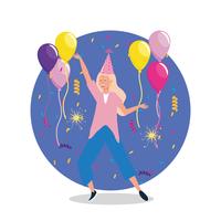 Vrouw die met ballons en feesthoed danst vector