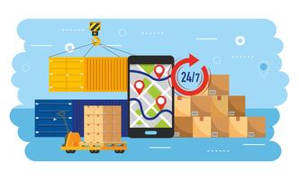 Smartphone-gps-tracking met containers en dozen vector