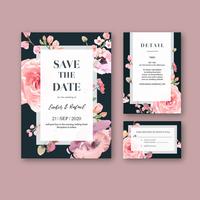 Bloemen bruiloft uitnodiging roze op zwarte kaartenset vector