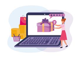Vrouw die met laptop online voor gift winkelt vector