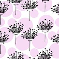 naadloos patroon van doodle paardebloemen en roze cirkels, fantasie bloemen op een witte achtergrond vector