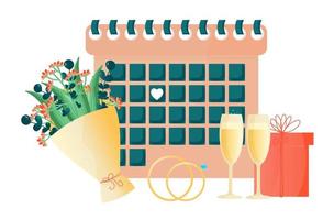 kalender met de datum van de huwelijksceremonie. vector eenvoudige schattig illustratie. feestelijke bruiloft set glazen met een fles champagne, ringen, een boeket bloemen, een geschenkdoos.