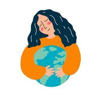 vectorillustratie van jonge vrouw knuffels earth globe in cartoon vlakke stijl. het concept van het beschermen van de planeet, het redden van ecologie en het milieu vector