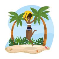 Jonge vrouw die dichtbij palmen op zand springt vector