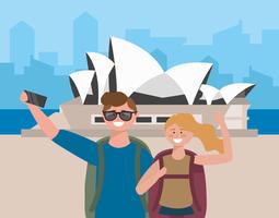 Jong koppel selfie te nemen voor Sydney opera house vector