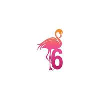 flamingo vogel icoon met nummer 6 logo ontwerp vector