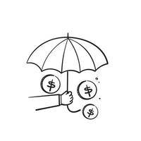 hand getrokken doodle geld en paraplu symbool voor financiële bescherming illustratie pictogram geïsoleerd vector