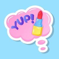 lippenstift met yup, platte funky sticker vector