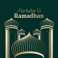 vectorillustratie van moskee en ramadan kareem groet posterframe. ramadan begroetingsdocument. moskee lijn vector gouden lijn illustratie