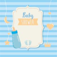 Baby shower label met fles en voetafdrukken vector