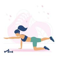een atletische vrouw staat in een plank op een arm en een been. fitness doen op een roze yogamat met dumbbells in de buurt.