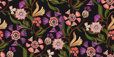 kleurrijke Aziatische stijl bloemmotief. donkere achtergrond bloemen tapijt. paisley patroon met traditionele Indiase stijl, ontwerp voor decoratie en stoffen vector