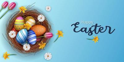 gelukkige pasen banner hemelsblauwe achtergrond met nest, eieren en bloemen illustratie
