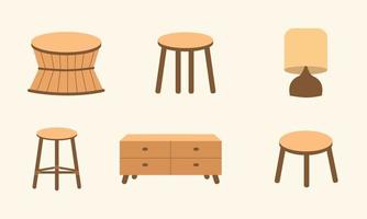 vintage meubelen in boho designstijl. Boheemse esthetische illustraties voor ontwerpelementen. platte ontwerp handgetekende tafels, stoelen, lampen etc.