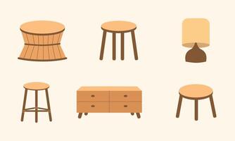 vintage meubelen in boho designstijl. Boheemse esthetische illustraties voor ontwerpelementen. platte ontwerp handgetekende tafels, stoelen, lampen etc. vector