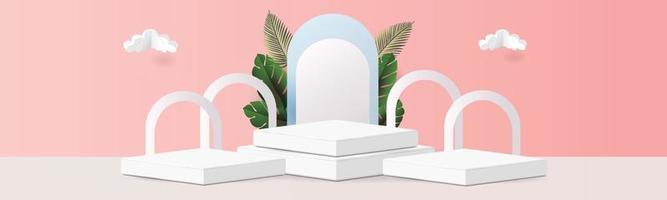 3d geometrisch podiummodel blad tropisch netural concept voor showcase roze blauwe achtergrond abstracte minimale scène productpresentatie vector