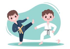 schattige tekenfilmkinderen die een aantal basisbewegingen van karate-vechtsporten doen, pose vechten en kimono dragen in een vlakke stijl vectorillustratie als achtergrond vector