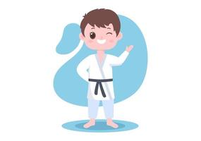 schattige tekenfilmkinderen die een aantal basisbewegingen van karate-vechtsporten doen, pose vechten en kimono dragen in een vlakke stijl vectorillustratie als achtergrond vector