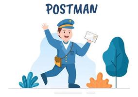 postbode cartoon vectorillustratie draagt een uniform met een rugzak met brieven om te verzenden of envelop in de postbus te plaatsen vector