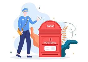 postbode cartoon vectorillustratie draagt een uniform met een rugzak met brieven om te verzenden of envelop in de postbus te plaatsen vector