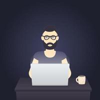 freelancer aan het werk op laptop in donkere kamer, bebaarde man met bril laat op het werk, vectorillustratie vector