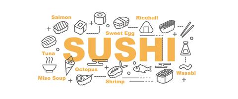 sushi banner met lijn kunst pictogrammen vector