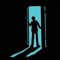 zwart blauw silhouet van persoon die deur opent vector